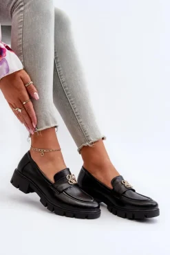 Loafersy Damskie|Mokasyny Damskie Skórzane>Boto Eleganckie Mokasyny Damskie Ze Złotą Ozdobą Czarne Tosisa