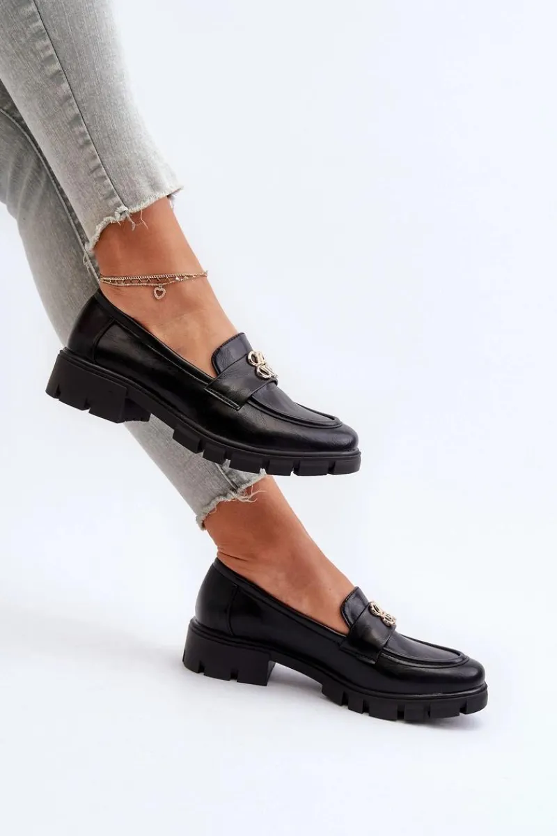 Loafersy Damskie|Mokasyny Damskie Skórzane>Boto Eleganckie Mokasyny Damskie Ze Złotą Ozdobą Czarne Tosisa