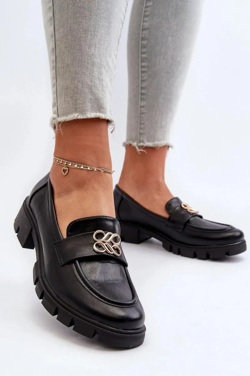 Loafersy Damskie|Mokasyny Damskie Skórzane>Boto Eleganckie Mokasyny Damskie Ze Złotą Ozdobą Czarne Tosisa