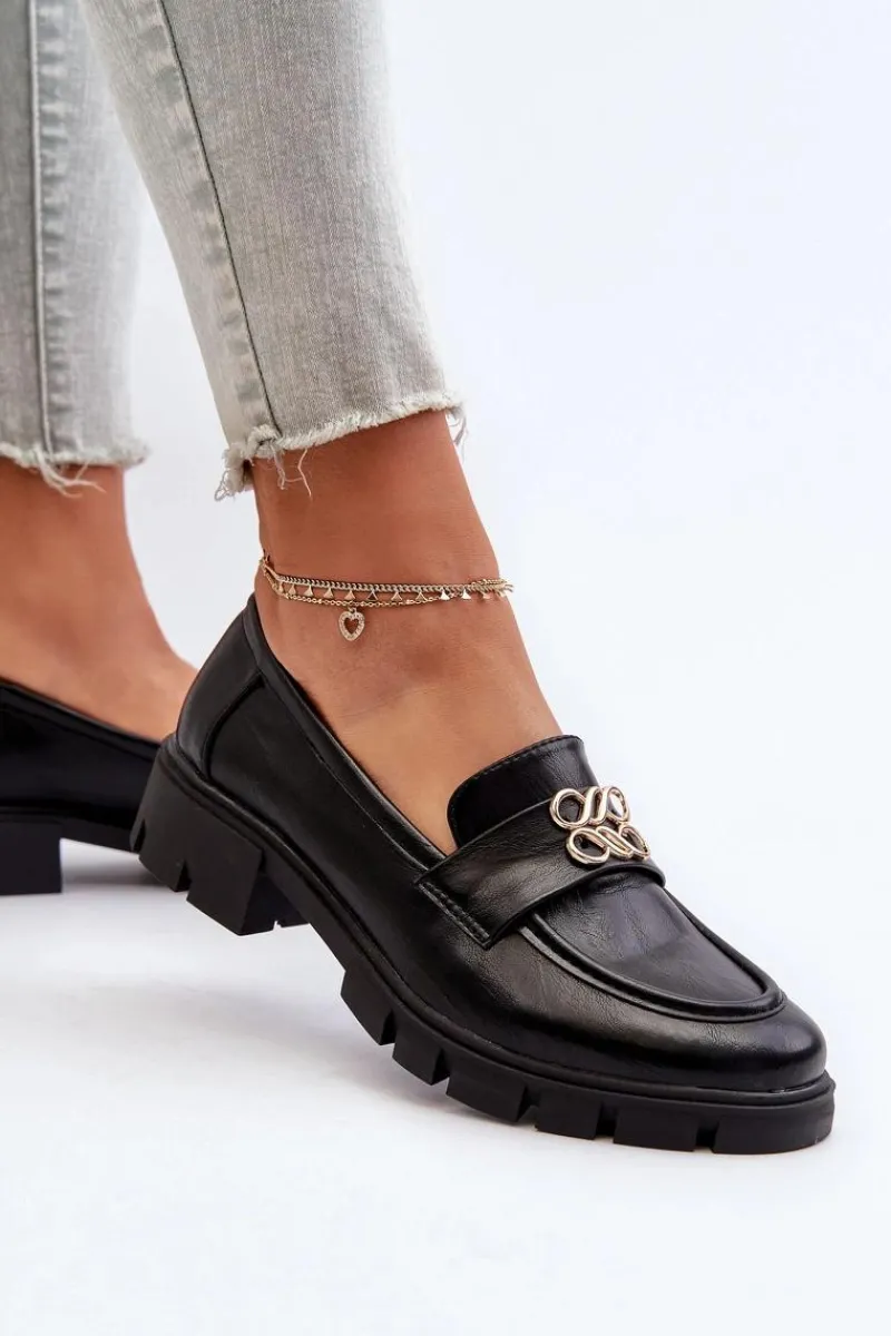 Loafersy Damskie|Mokasyny Damskie Skórzane>Boto Eleganckie Mokasyny Damskie Ze Złotą Ozdobą Czarne Tosisa