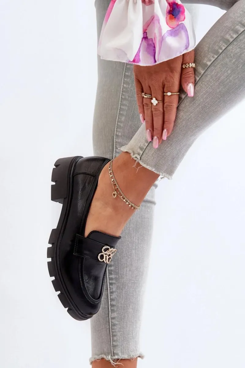 Loafersy Damskie|Mokasyny Damskie Skórzane>Boto Eleganckie Mokasyny Damskie Ze Złotą Ozdobą Czarne Tosisa