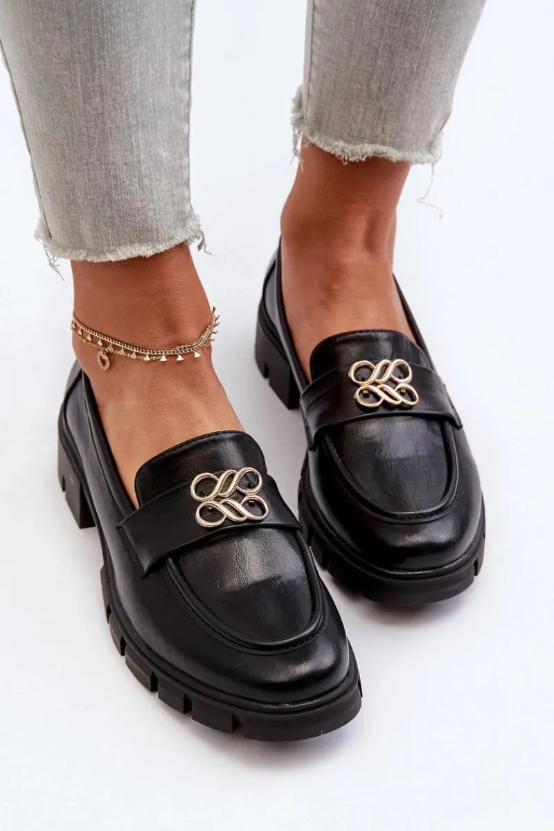 Loafersy Damskie|Mokasyny Damskie Skórzane>Boto Eleganckie Mokasyny Damskie Ze Złotą Ozdobą Czarne Tosisa