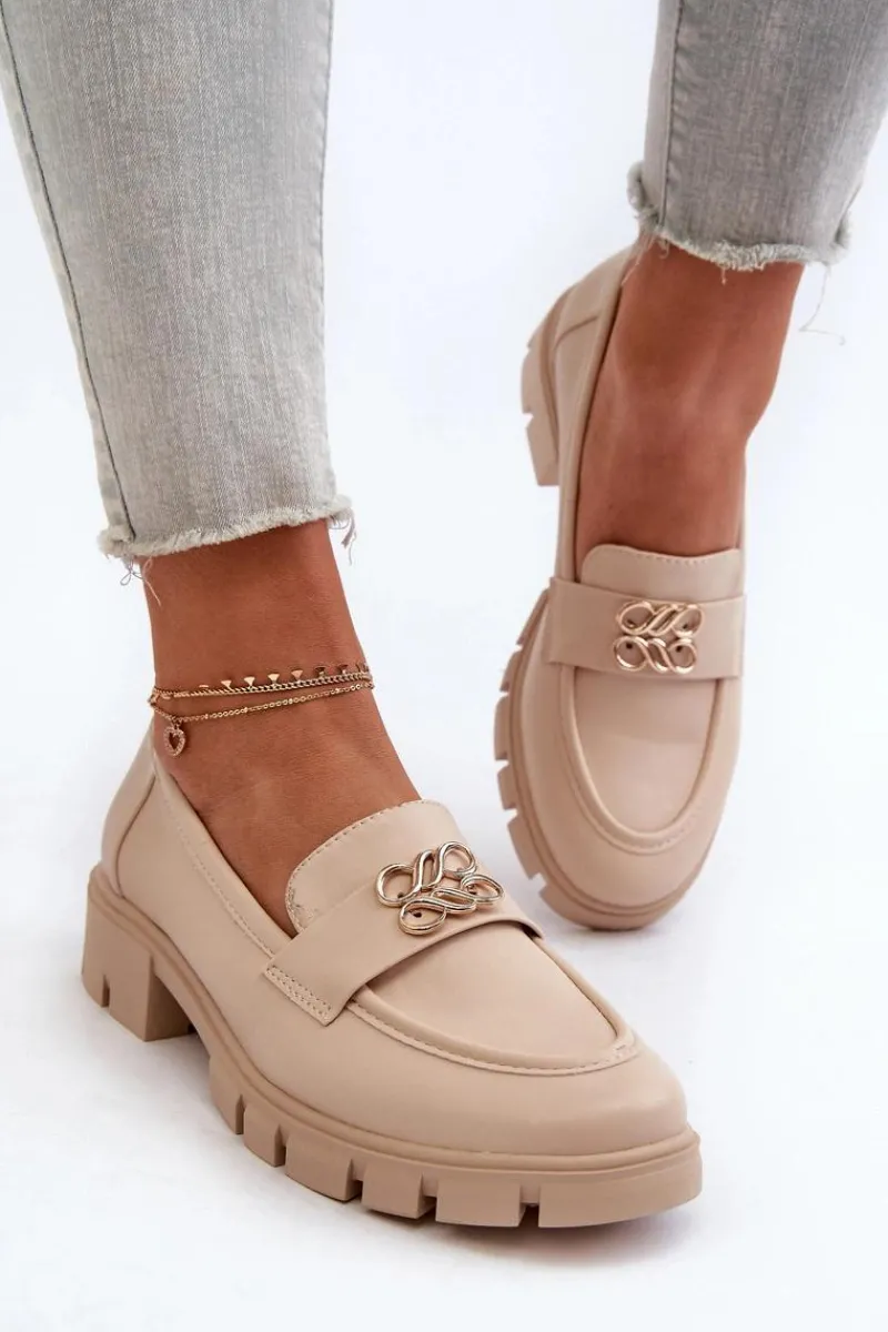 Hot Boto Eleganckie Mokasyny Damskie Ze Złotą Ozdobą Beżowe Tosisa