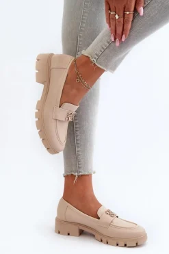 Hot Boto Eleganckie Mokasyny Damskie Ze Złotą Ozdobą Beżowe Tosisa