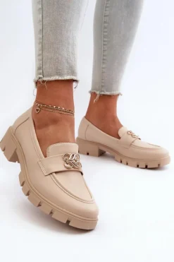 Hot Boto Eleganckie Mokasyny Damskie Ze Złotą Ozdobą Beżowe Tosisa