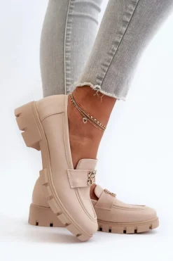 Hot Boto Eleganckie Mokasyny Damskie Ze Złotą Ozdobą Beżowe Tosisa