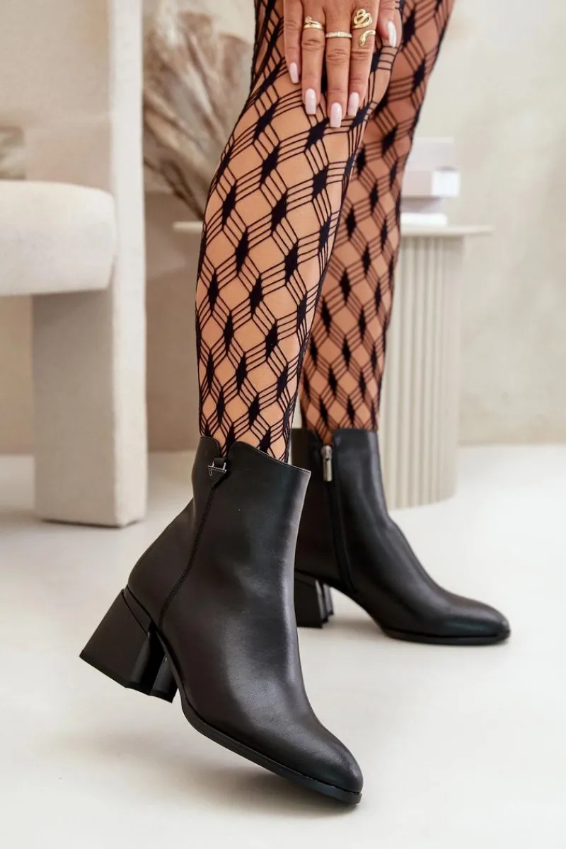 Botki Skórzane|Botki Na Słupku>Buty damskie Vinceza Eleganckie Ocieplane Botki Damskie Z Naturalnej Skóry Czarne Vinceza 77106