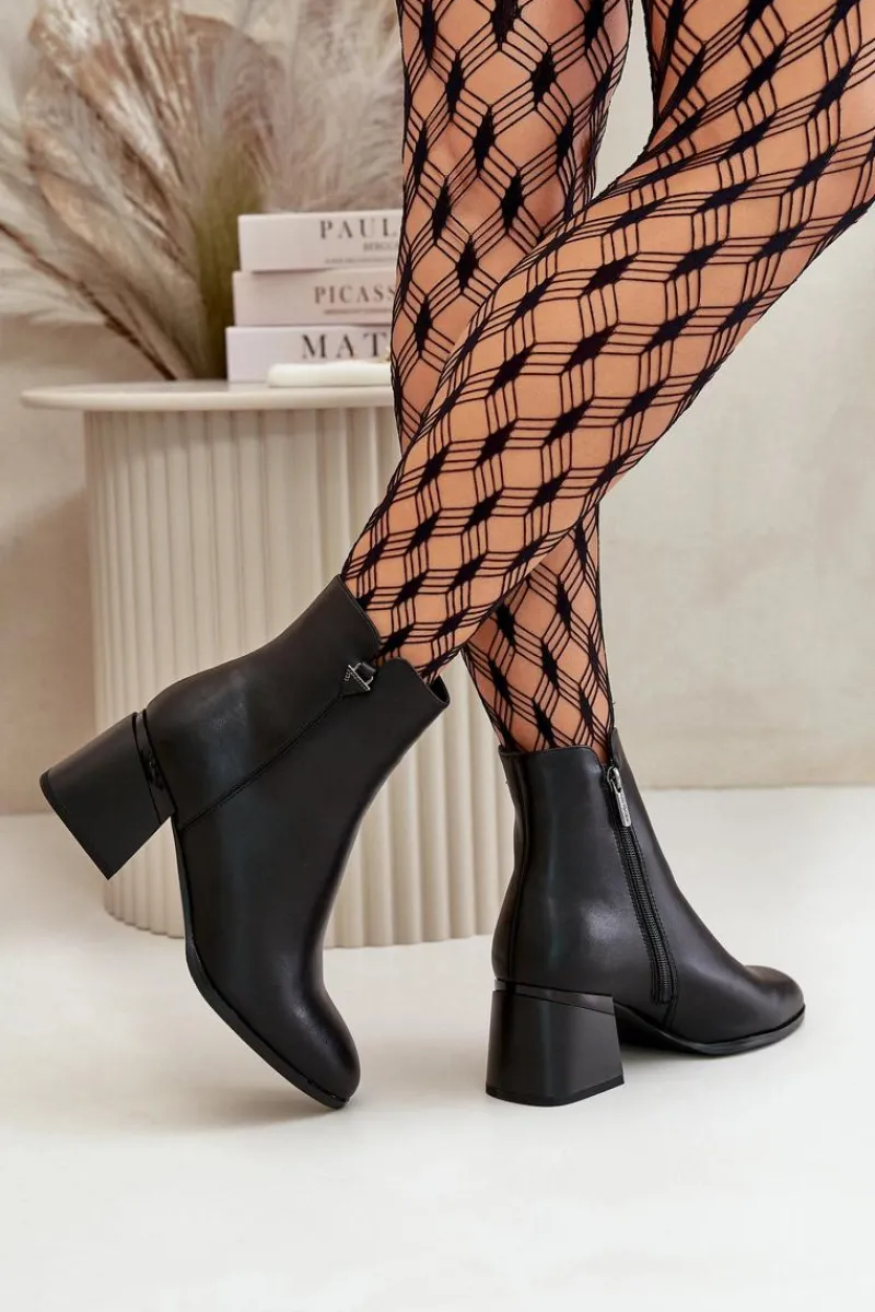 Botki Skórzane|Botki Na Słupku>Buty damskie Vinceza Eleganckie Ocieplane Botki Damskie Z Naturalnej Skóry Czarne Vinceza 77106