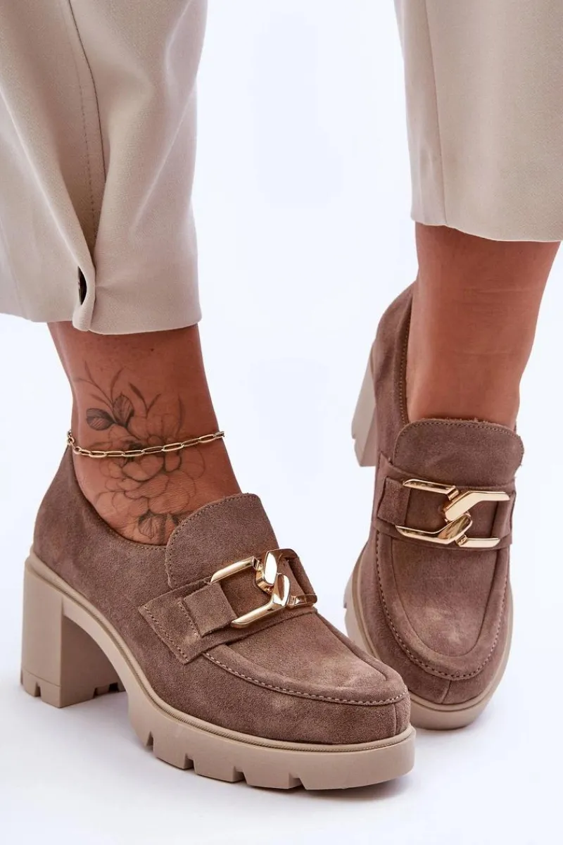 Online Eleganckie Półbuty Na Słupku Ze Złotą Ozdobą Beżowe Lemar Harmell Damskie Półbuty Skórzane