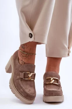 Online Eleganckie Półbuty Na Słupku Ze Złotą Ozdobą Beżowe Lemar Harmell Damskie Półbuty Skórzane