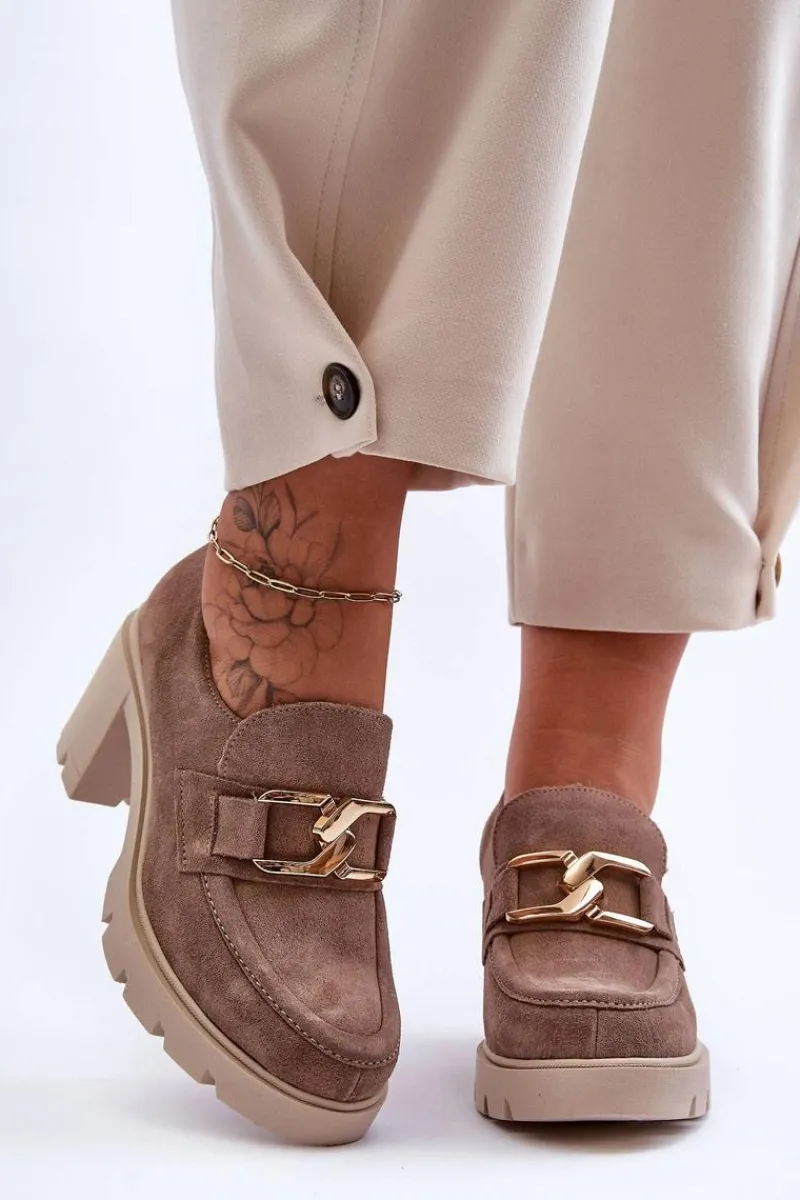 Online Eleganckie Półbuty Na Słupku Ze Złotą Ozdobą Beżowe Lemar Harmell Damskie Półbuty Skórzane