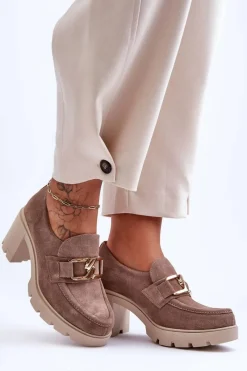 Online Eleganckie Półbuty Na Słupku Ze Złotą Ozdobą Beżowe Lemar Harmell Damskie Półbuty Skórzane