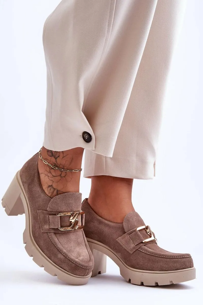 Online Eleganckie Półbuty Na Słupku Ze Złotą Ozdobą Beżowe Lemar Harmell Damskie Półbuty Skórzane