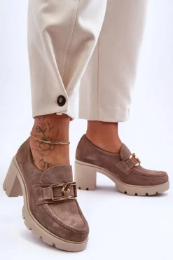 Online Eleganckie Półbuty Na Słupku Ze Złotą Ozdobą Beżowe Lemar Harmell Damskie Półbuty Skórzane