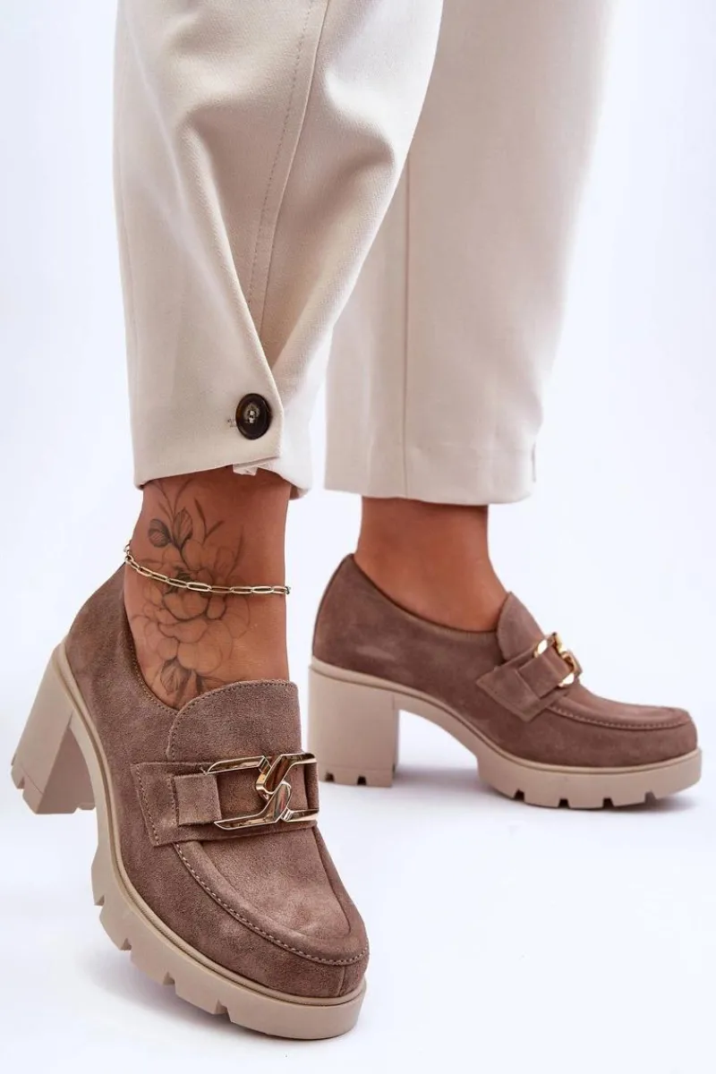 Online Eleganckie Półbuty Na Słupku Ze Złotą Ozdobą Beżowe Lemar Harmell Damskie Półbuty Skórzane