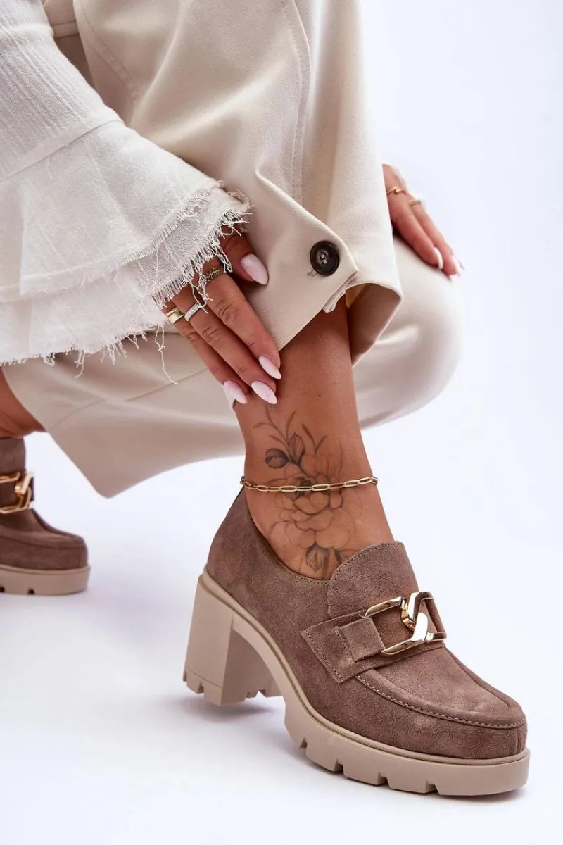 Online Eleganckie Półbuty Na Słupku Ze Złotą Ozdobą Beżowe Lemar Harmell Damskie Półbuty Skórzane