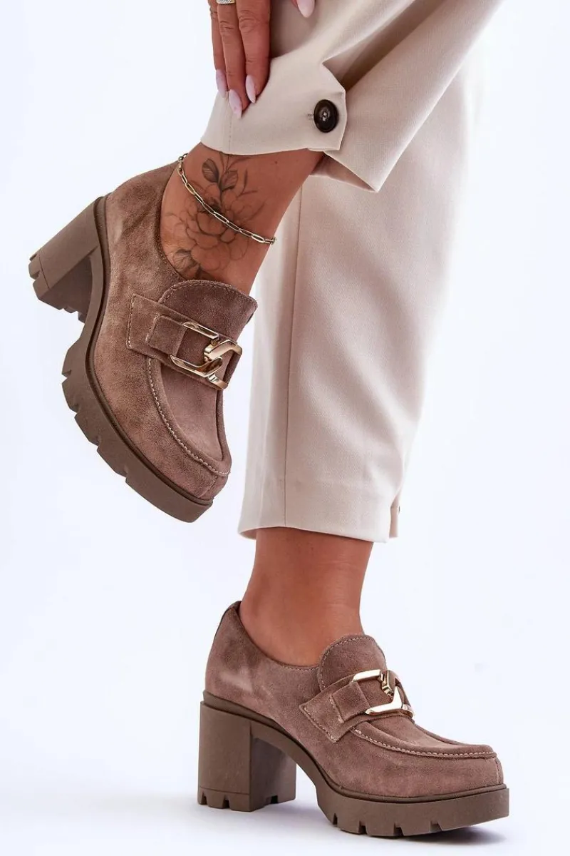 Sale Eleganckie Półbuty Na Słupku Ze Złotą Ozdobą Ciemnobeżowe Lemar Harmell Damskie Półbuty Skórzane