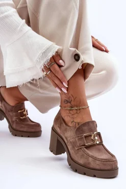 Sale Eleganckie Półbuty Na Słupku Ze Złotą Ozdobą Ciemnobeżowe Lemar Harmell Damskie Półbuty Skórzane