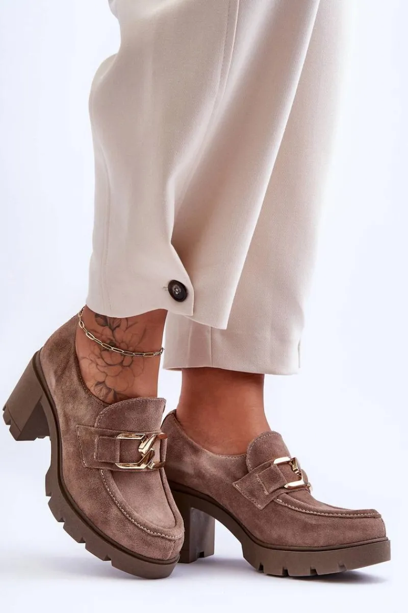 Sale Eleganckie Półbuty Na Słupku Ze Złotą Ozdobą Ciemnobeżowe Lemar Harmell Damskie Półbuty Skórzane