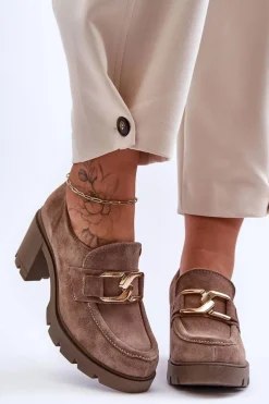 Sale Eleganckie Półbuty Na Słupku Ze Złotą Ozdobą Ciemnobeżowe Lemar Harmell Damskie Półbuty Skórzane