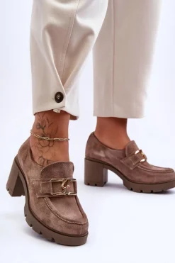 Sale Eleganckie Półbuty Na Słupku Ze Złotą Ozdobą Ciemnobeżowe Lemar Harmell Damskie Półbuty Skórzane