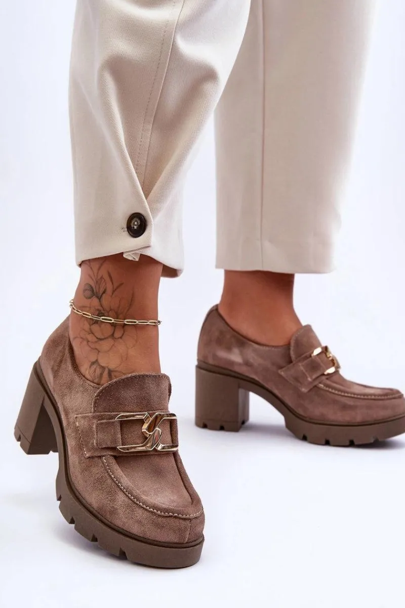 Sale Eleganckie Półbuty Na Słupku Ze Złotą Ozdobą Ciemnobeżowe Lemar Harmell Damskie Półbuty Skórzane