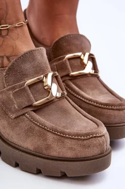 Sale Eleganckie Półbuty Na Słupku Ze Złotą Ozdobą Ciemnobeżowe Lemar Harmell Damskie Półbuty Skórzane