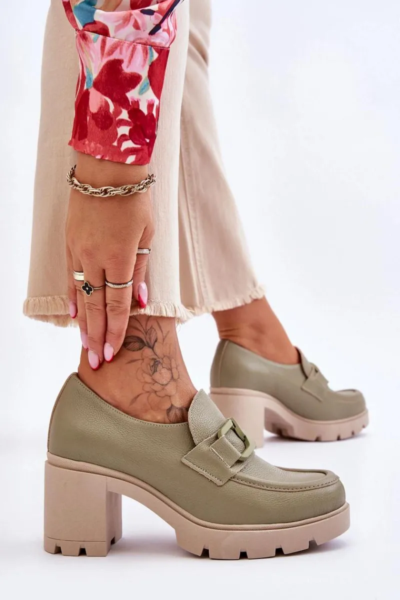 Półbuty Skórzane>Boto Eleganckie Półbuty Na Słupku Z Ozdobą Zielone Lemar Harmell Zielony