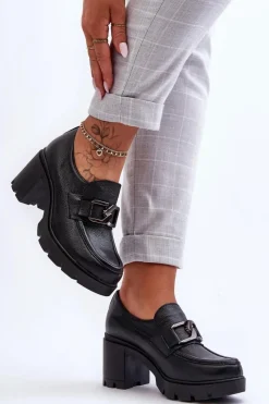 Discount Eleganckie Półbuty Na Słupku Z Ozdobą Czarne Lemar Harmell Damskie Półbuty Skórzane