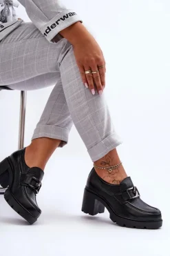 Discount Eleganckie Półbuty Na Słupku Z Ozdobą Czarne Lemar Harmell Damskie Półbuty Skórzane