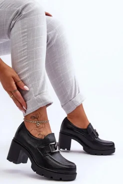 Discount Eleganckie Półbuty Na Słupku Z Ozdobą Czarne Lemar Harmell Damskie Półbuty Skórzane