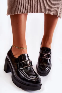 Clearance Eleganckie Półbuty Na Słupku Ze Srebrną Ozdobą Czarne Lemar Harmell Damskie Półbuty Skórzane