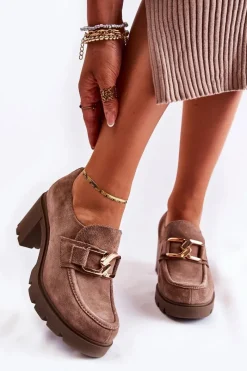 Półbuty Skórzane>Boto Eleganckie Półbuty Na Słupku Ze Złotą Ozdobą Ciemnobeżowe Lemar Harmell