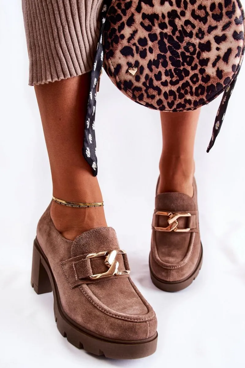 Półbuty Skórzane>Boto Eleganckie Półbuty Na Słupku Ze Złotą Ozdobą Ciemnobeżowe Lemar Harmell