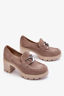 Sale Eleganckie Półbuty Na Słupku Z Ciemnosrebrną Ozdobą Beżowe Lemar Harmell Damskie Półbuty Skórzane