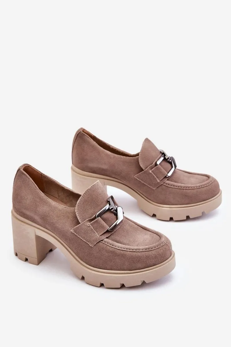 Sale Eleganckie Półbuty Na Słupku Z Ciemnosrebrną Ozdobą Beżowe Lemar Harmell Damskie Półbuty Skórzane