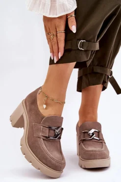 Sale Eleganckie Półbuty Na Słupku Z Ciemnosrebrną Ozdobą Beżowe Lemar Harmell Damskie Półbuty Skórzane