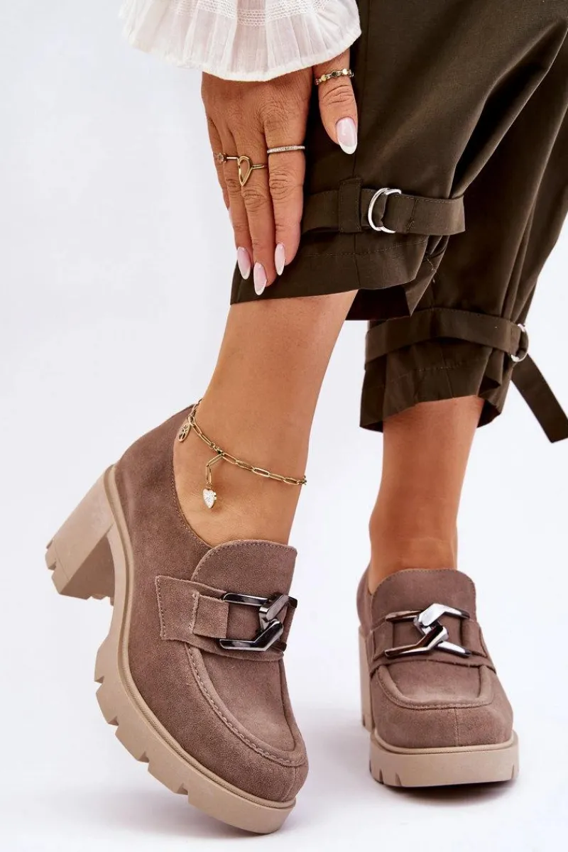 Sale Eleganckie Półbuty Na Słupku Z Ciemnosrebrną Ozdobą Beżowe Lemar Harmell Damskie Półbuty Skórzane