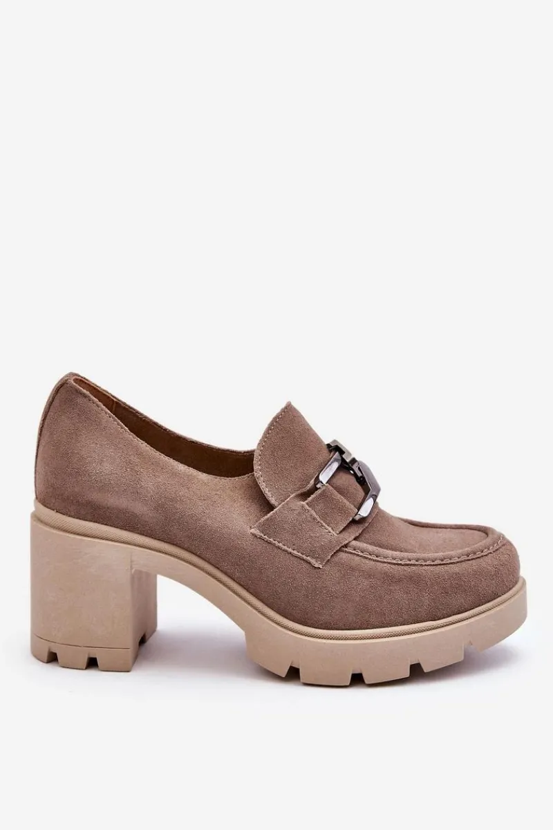 Sale Eleganckie Półbuty Na Słupku Z Ciemnosrebrną Ozdobą Beżowe Lemar Harmell Damskie Półbuty Skórzane