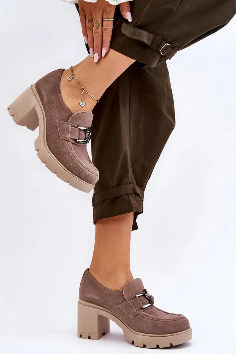 Sale Eleganckie Półbuty Na Słupku Z Ciemnosrebrną Ozdobą Beżowe Lemar Harmell Damskie Półbuty Skórzane