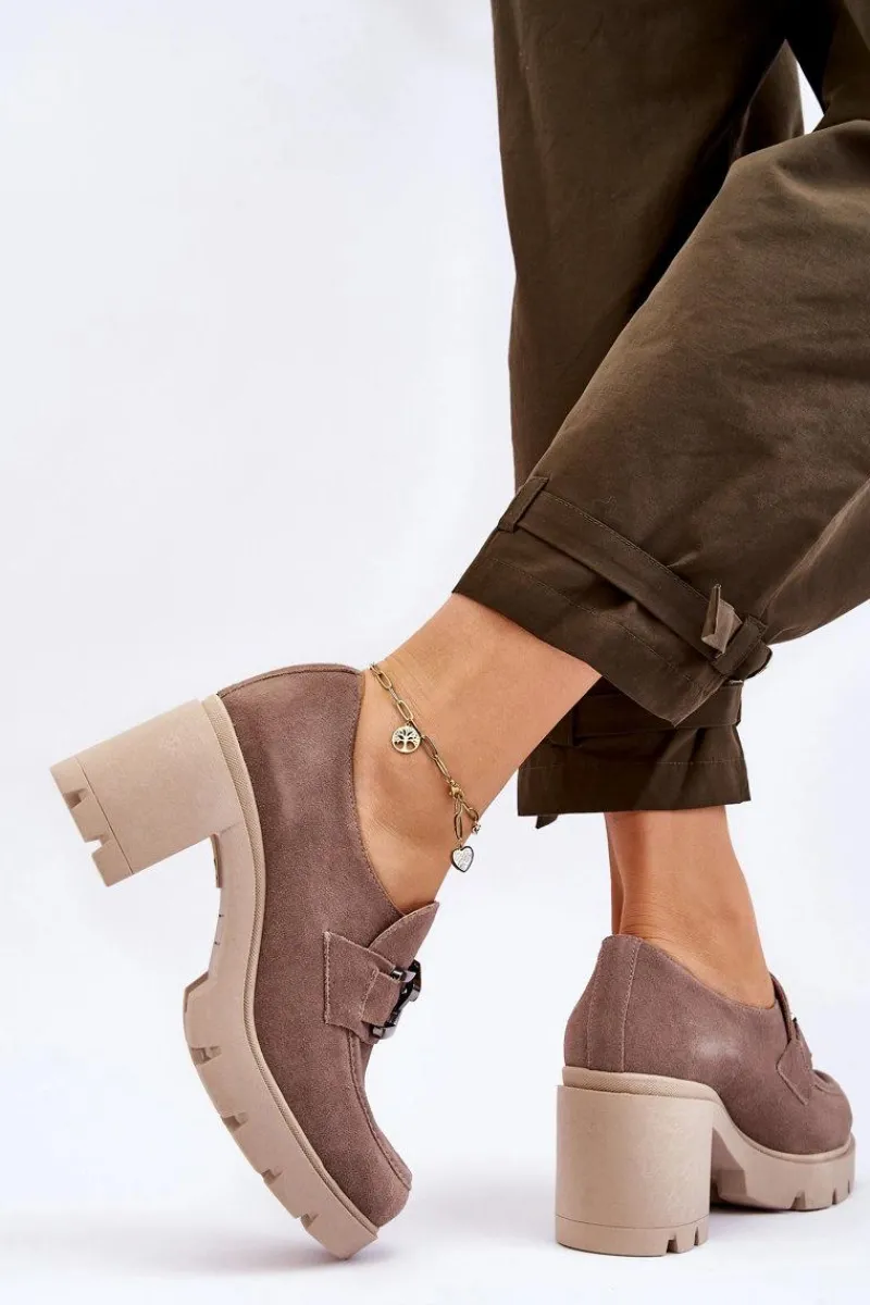 Sale Eleganckie Półbuty Na Słupku Z Ciemnosrebrną Ozdobą Beżowe Lemar Harmell Damskie Półbuty Skórzane