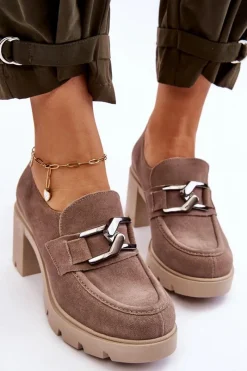 Sale Eleganckie Półbuty Na Słupku Z Ciemnosrebrną Ozdobą Beżowe Lemar Harmell Damskie Półbuty Skórzane