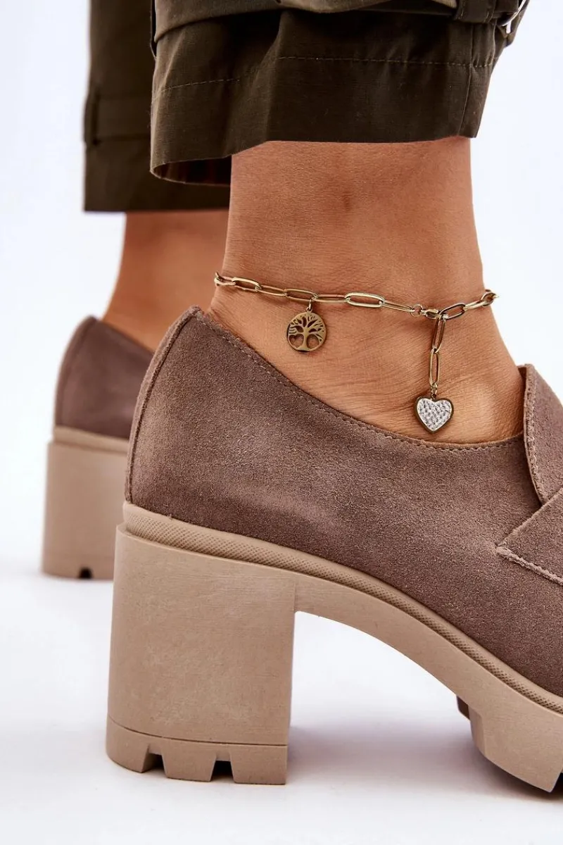 Sale Eleganckie Półbuty Na Słupku Z Ciemnosrebrną Ozdobą Beżowe Lemar Harmell Damskie Półbuty Skórzane