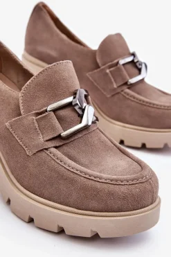 Sale Eleganckie Półbuty Na Słupku Z Ciemnosrebrną Ozdobą Beżowe Lemar Harmell Damskie Półbuty Skórzane