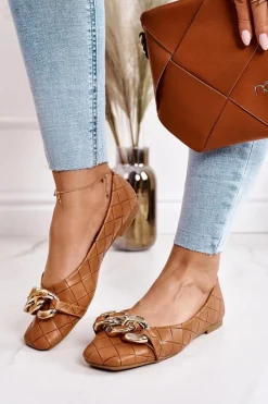 Baleriny Klasyczne>Boto Eleganckie Pikowane Baleriny Z Łańcuchem Camel Coco