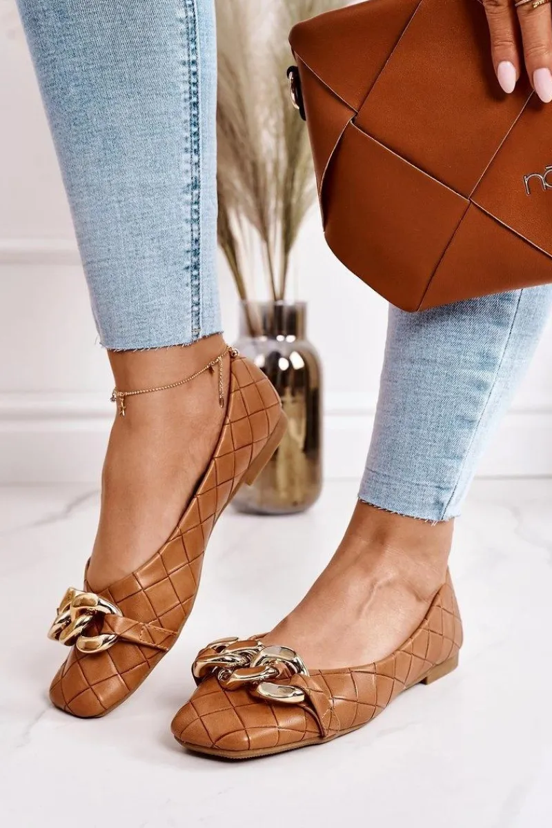 Baleriny Klasyczne>Boto Eleganckie Pikowane Baleriny Z Łańcuchem Camel Coco