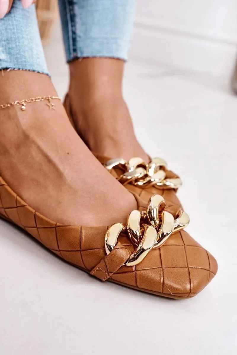 Baleriny Klasyczne>Boto Eleganckie Pikowane Baleriny Z Łańcuchem Camel Coco