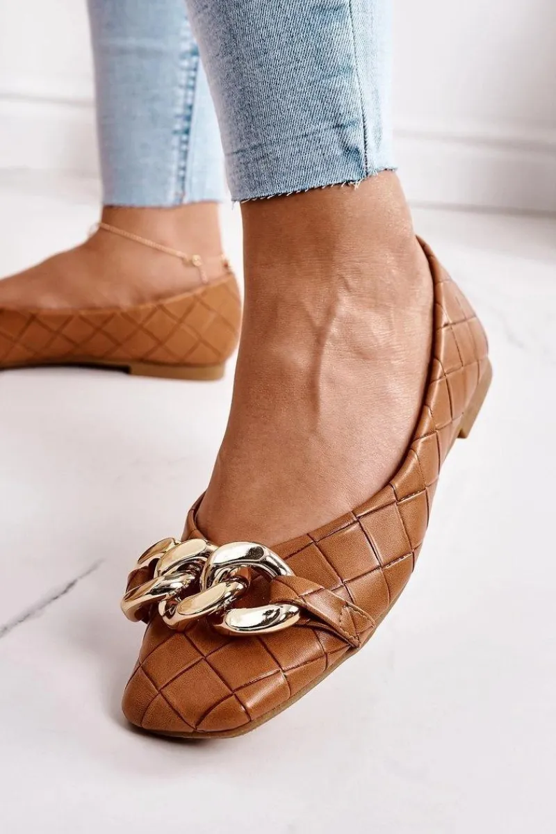 Baleriny Klasyczne>Boto Eleganckie Pikowane Baleriny Z Łańcuchem Camel Coco