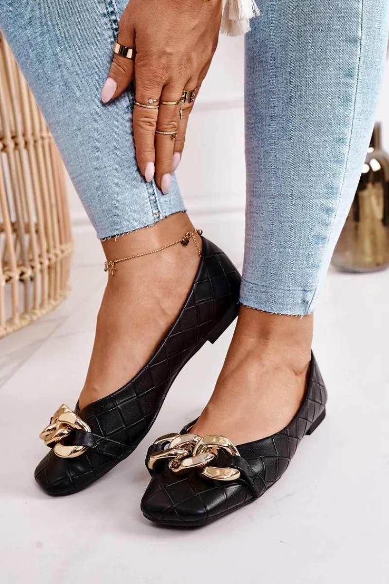 Baleriny Klasyczne>Boto Eleganckie Pikowane Baleriny Z Łańcuchem Czarne Coco