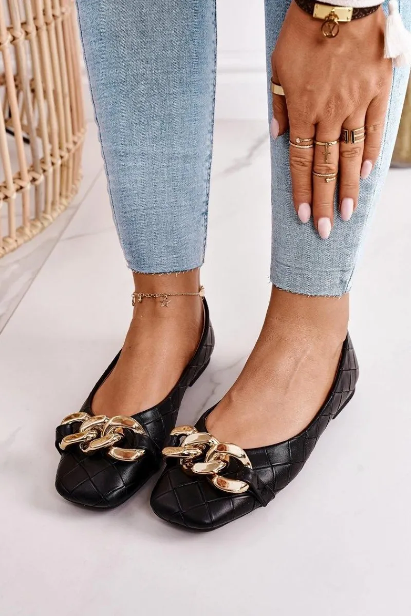 Baleriny Klasyczne>Boto Eleganckie Pikowane Baleriny Z Łańcuchem Czarne Coco